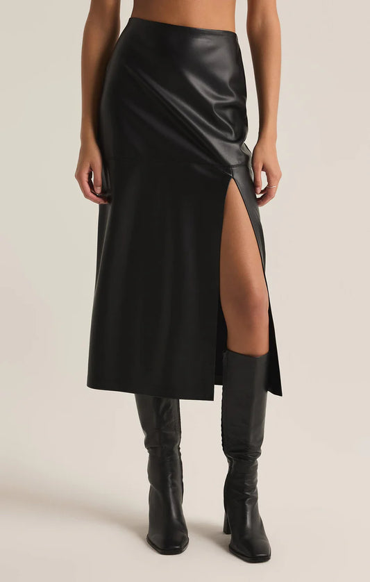Siearra Faux Leather Midi Skirt in Black
