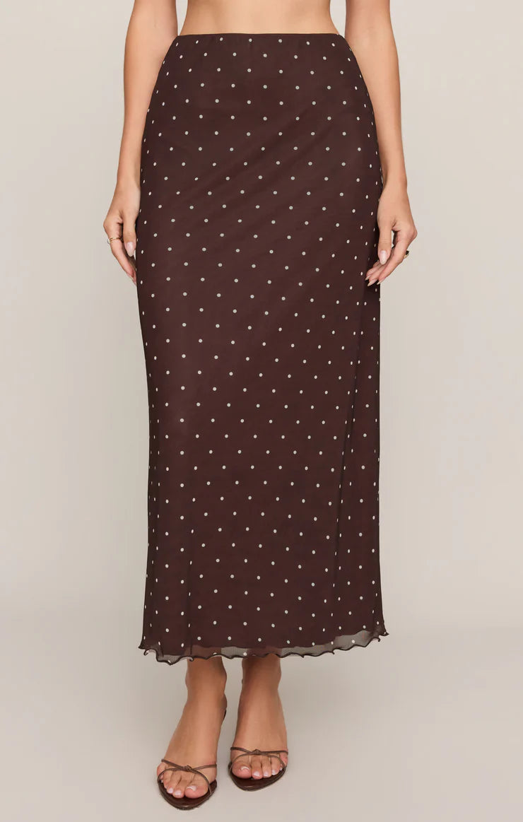 Eda Polka Dot Mesh Midi Skirt Dark Chocolate