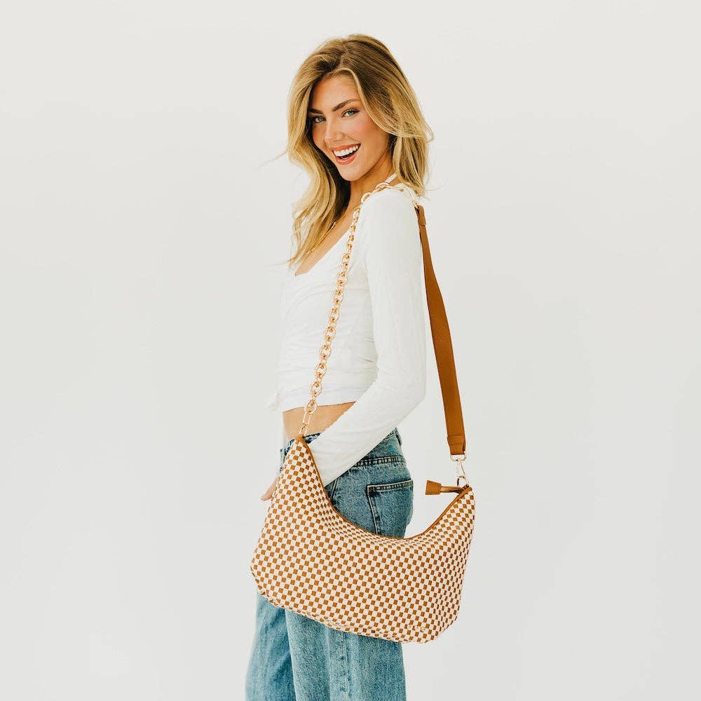Sienna Slouchy Woven Shoulder Bag in Checkered Tan