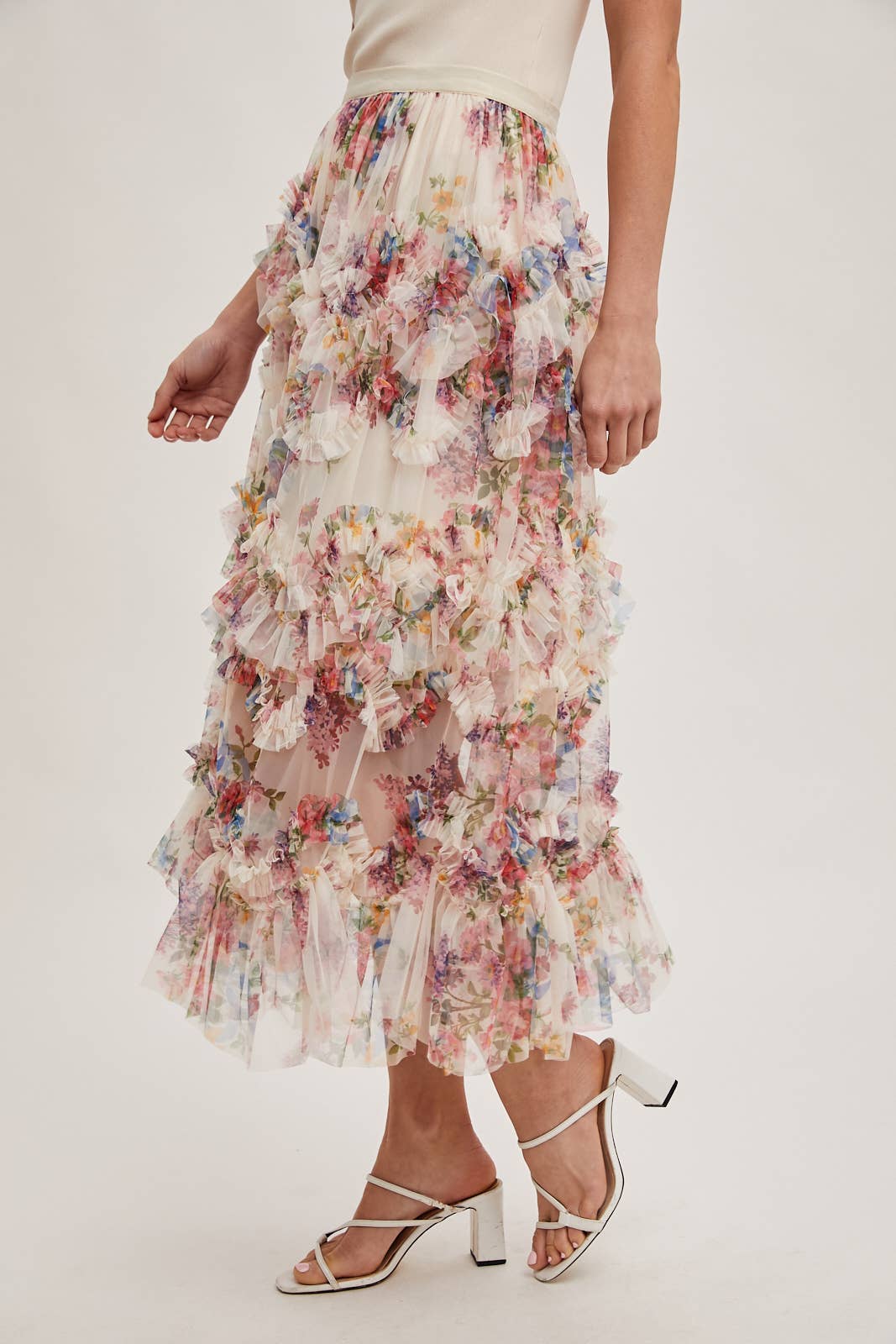 Joni Floral Ruffled Mesh Skirt in Ecru