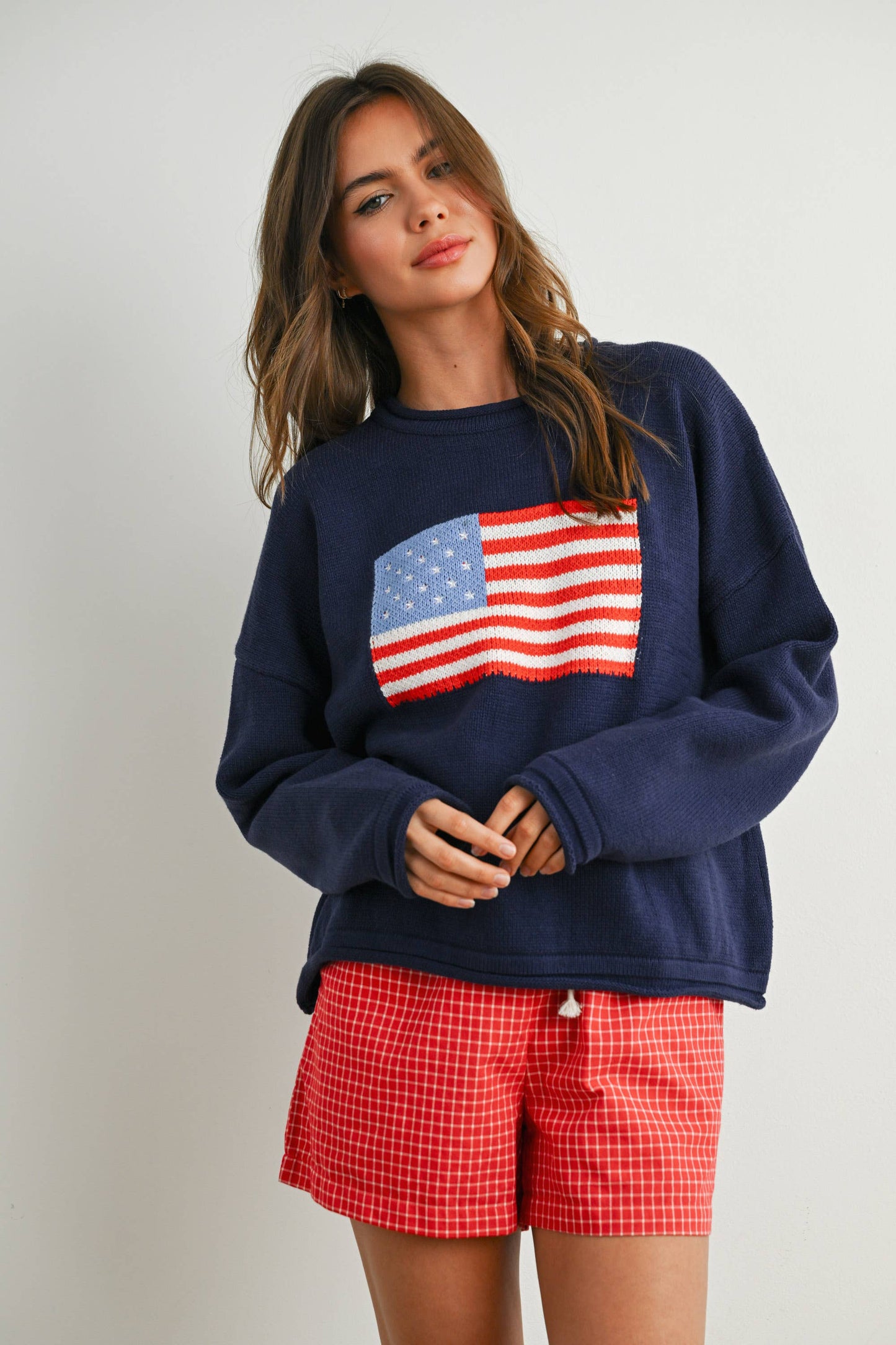 Renae Graphic Knit Long Sleeve Top in Navy