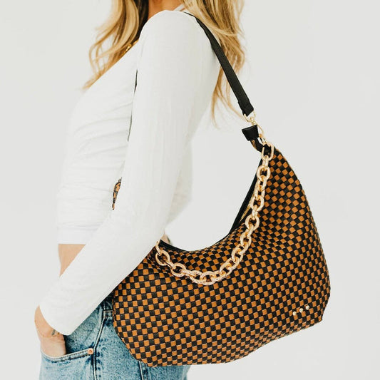 Sienna Slouchy Woven Shoulder Bag in Checkered Coffee