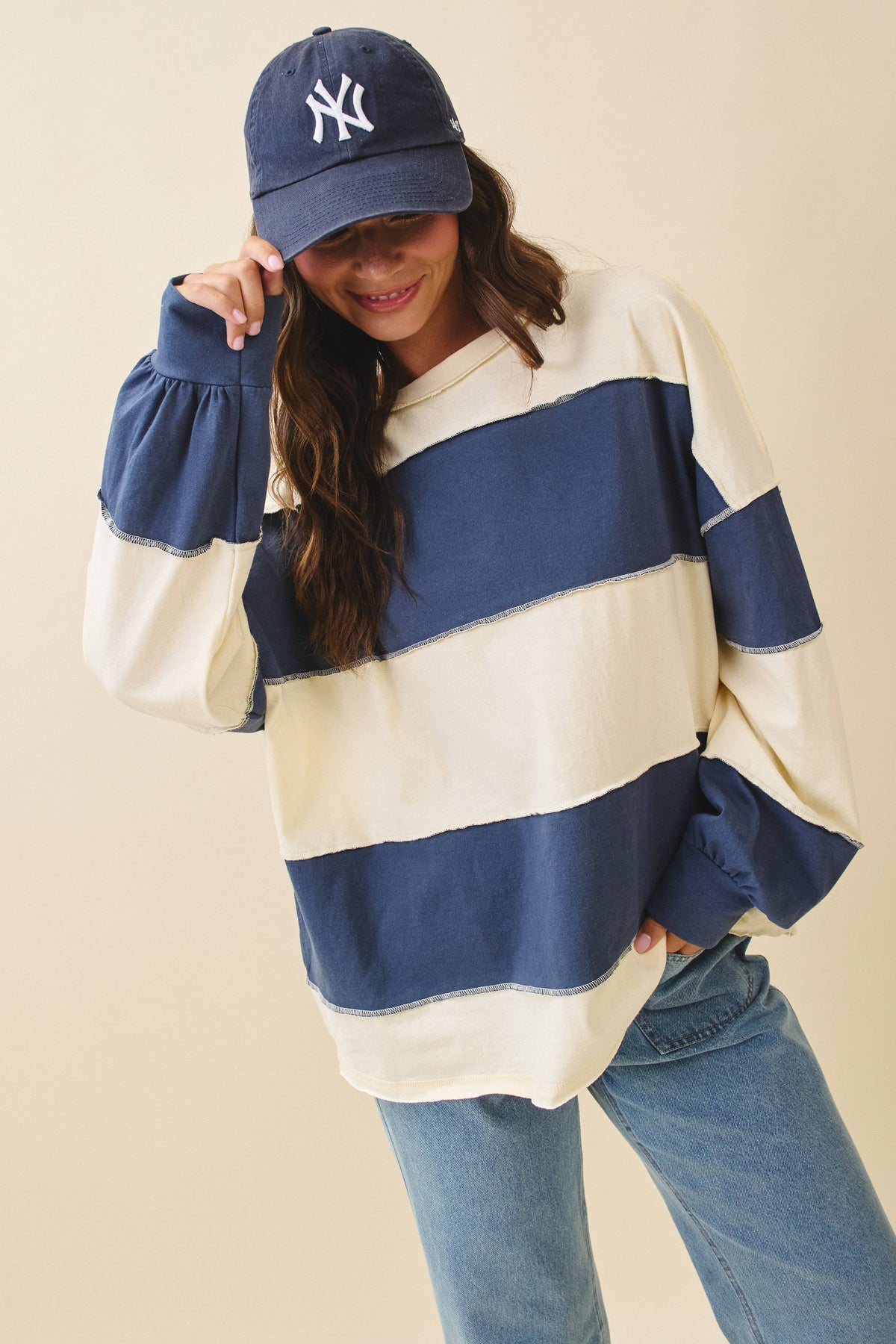 Angela Oversized Color Block Long Sleeve Pullover in Navy