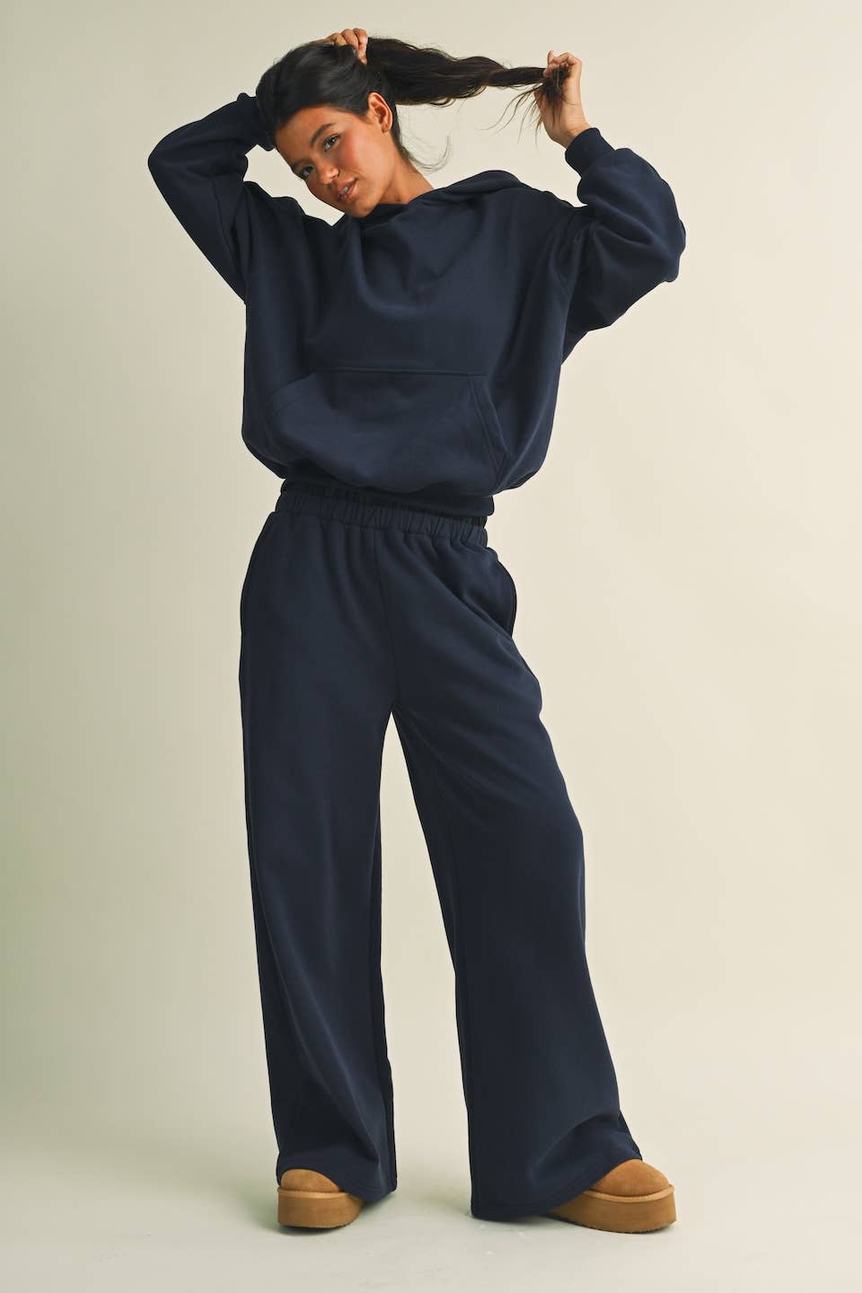 Jessica Plaid Side Stripe Oversized Pullover Hoodie in Navy