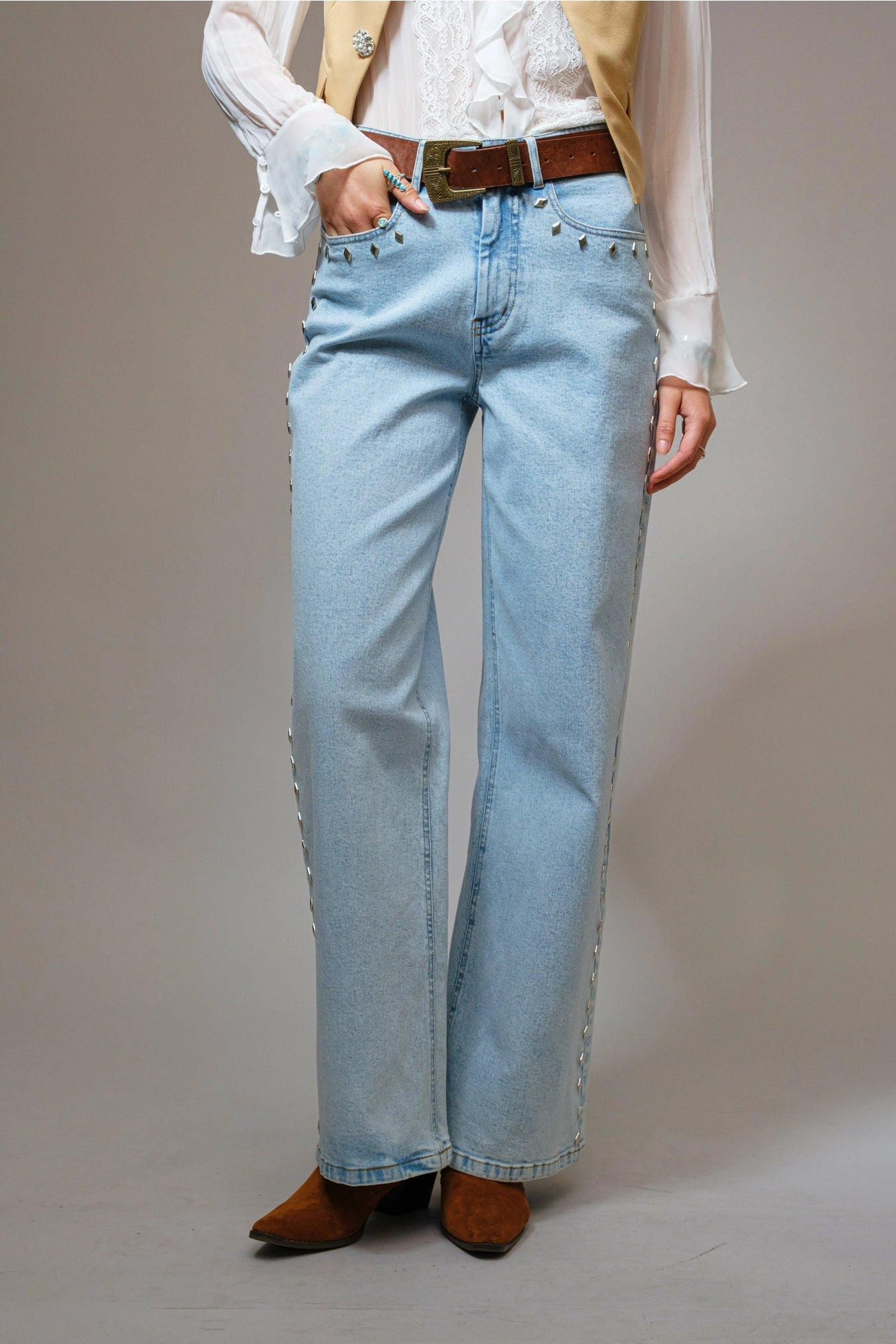 Laney Western Diamond Studded Straight Leg Jeans