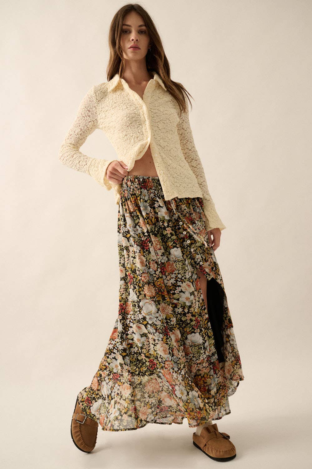 Courtney Floral Front Slit Woven Maxi Skirt in Black