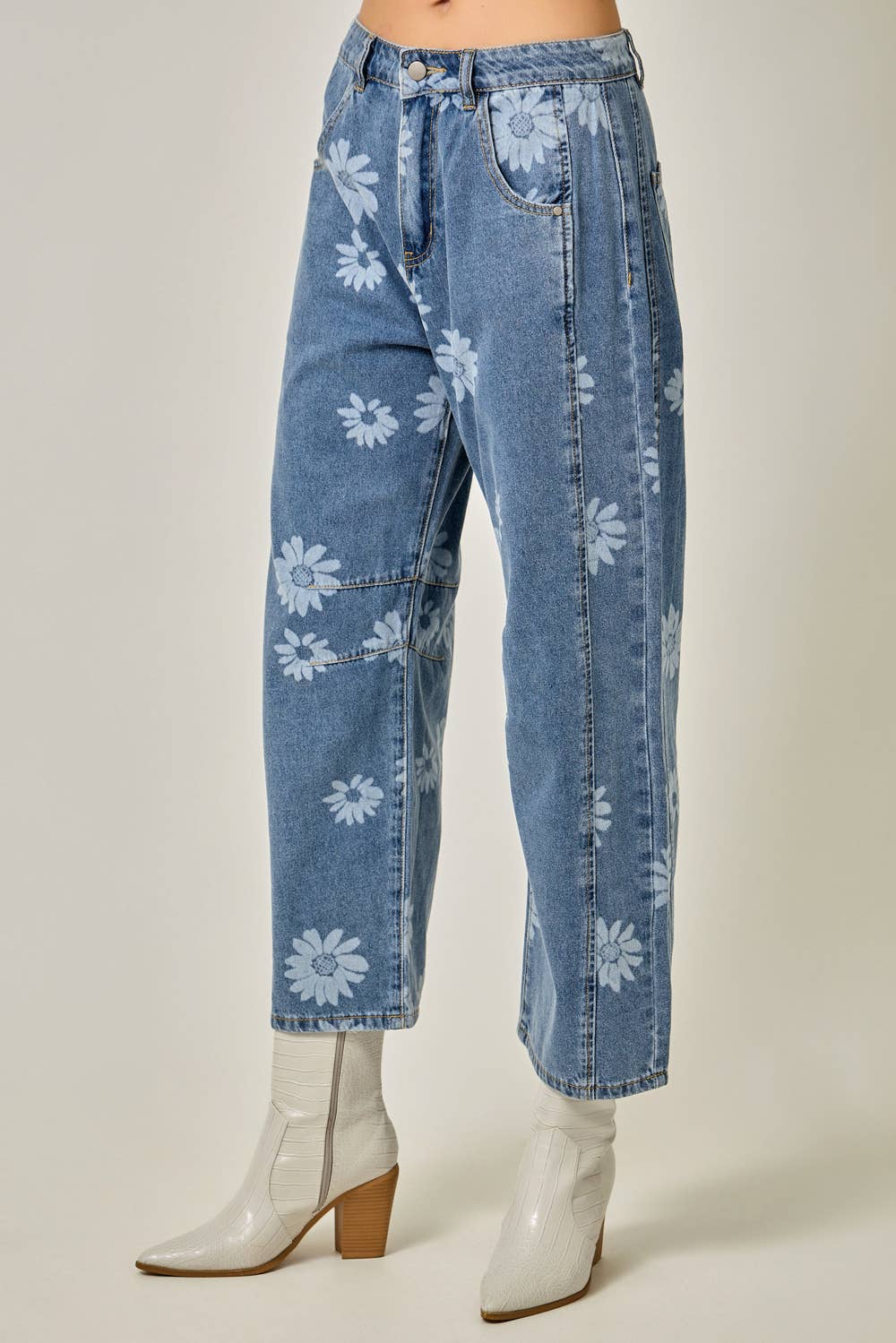 Korrine Printed Barrel Denim Jeans in Dark Denim