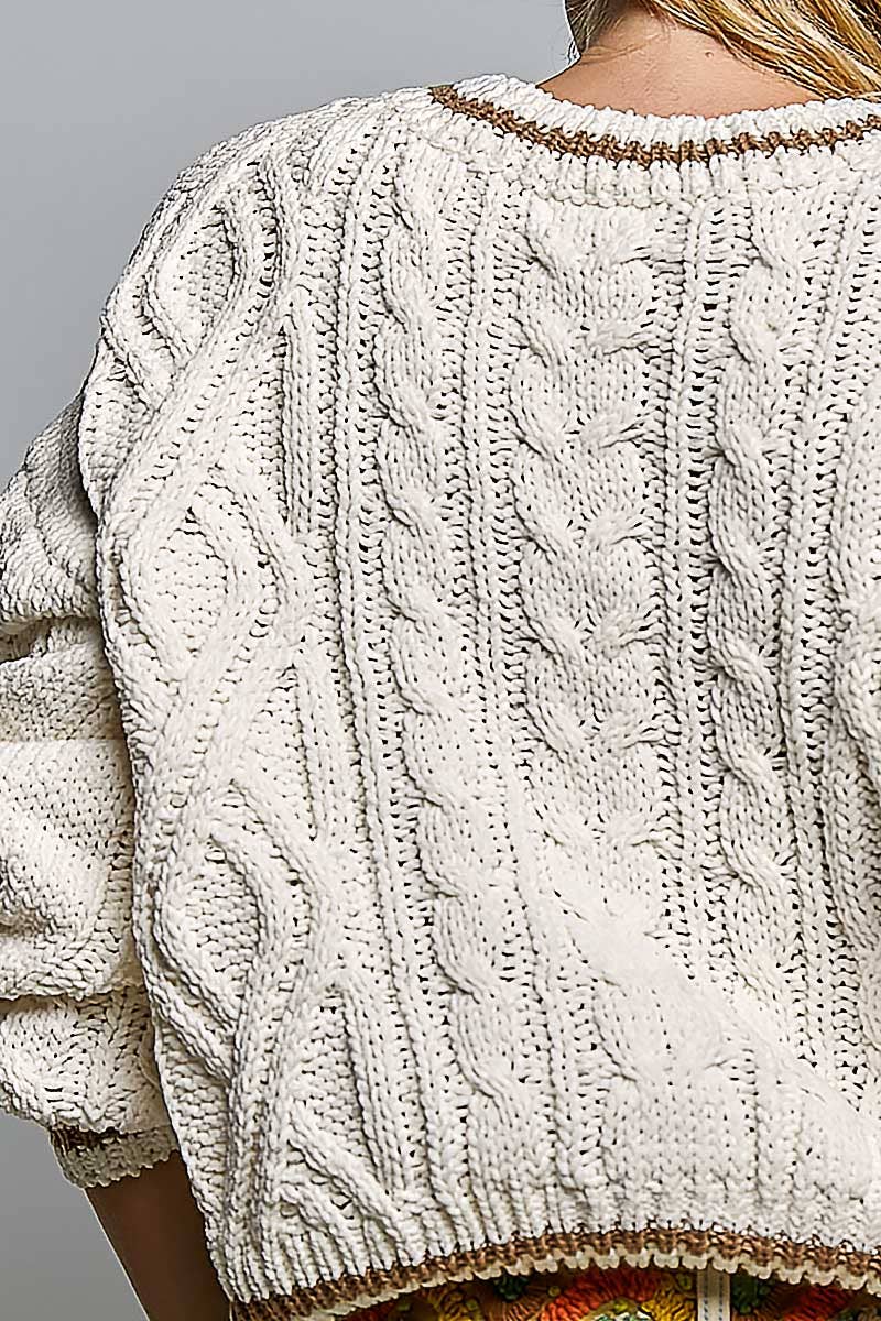Brittany Cable Knit Crewneck Contrast Trim Sweater Top in Cream