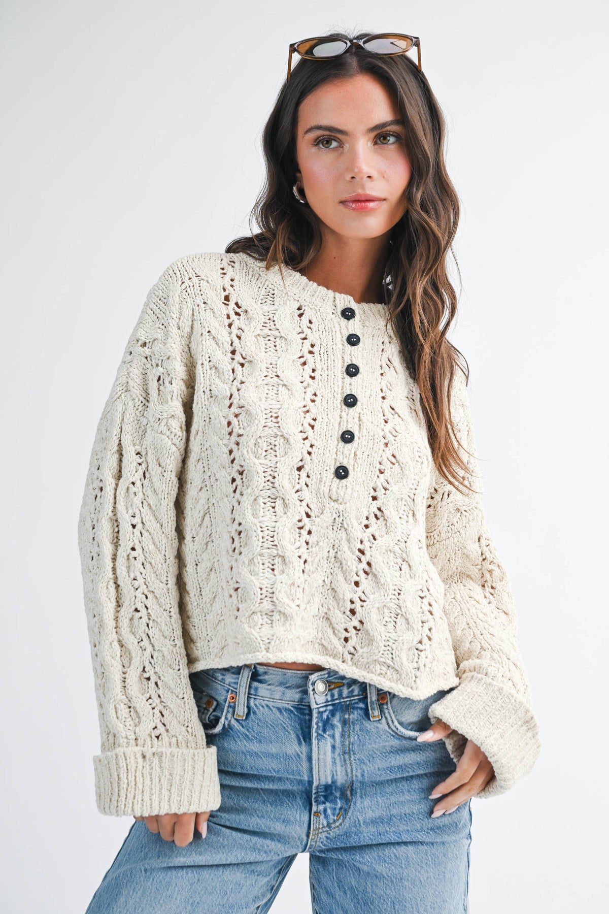 Alayna Textured Cropped Henley Knit Sweater in Pearl