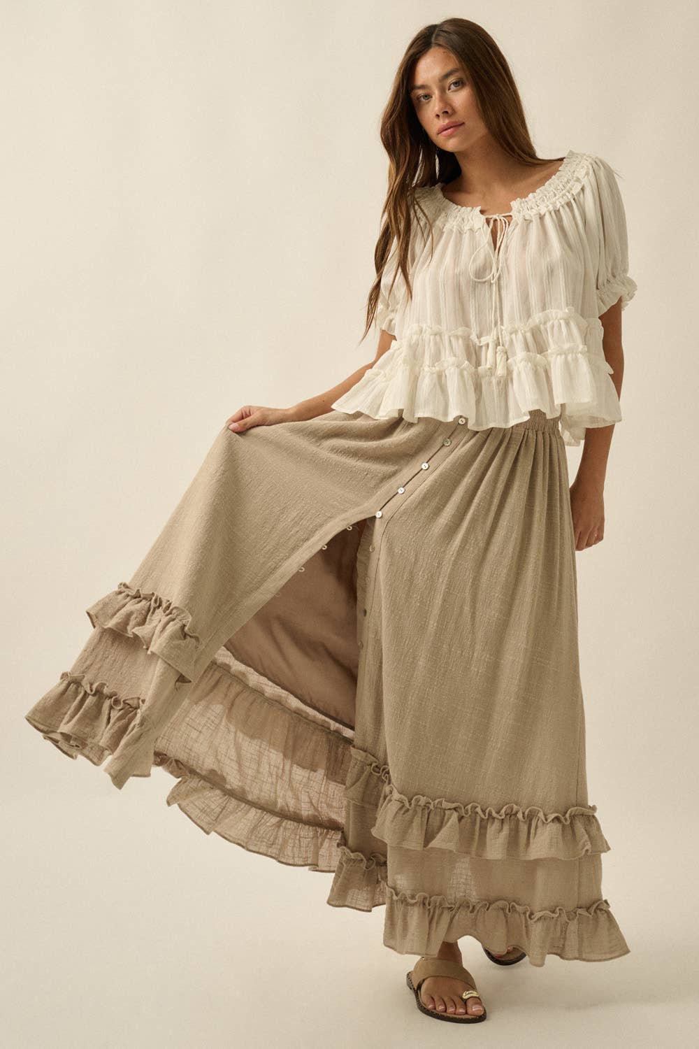 Tessa Solid Cotton Gauze Button-Front Ruffled Maxi Skirt in Stone
