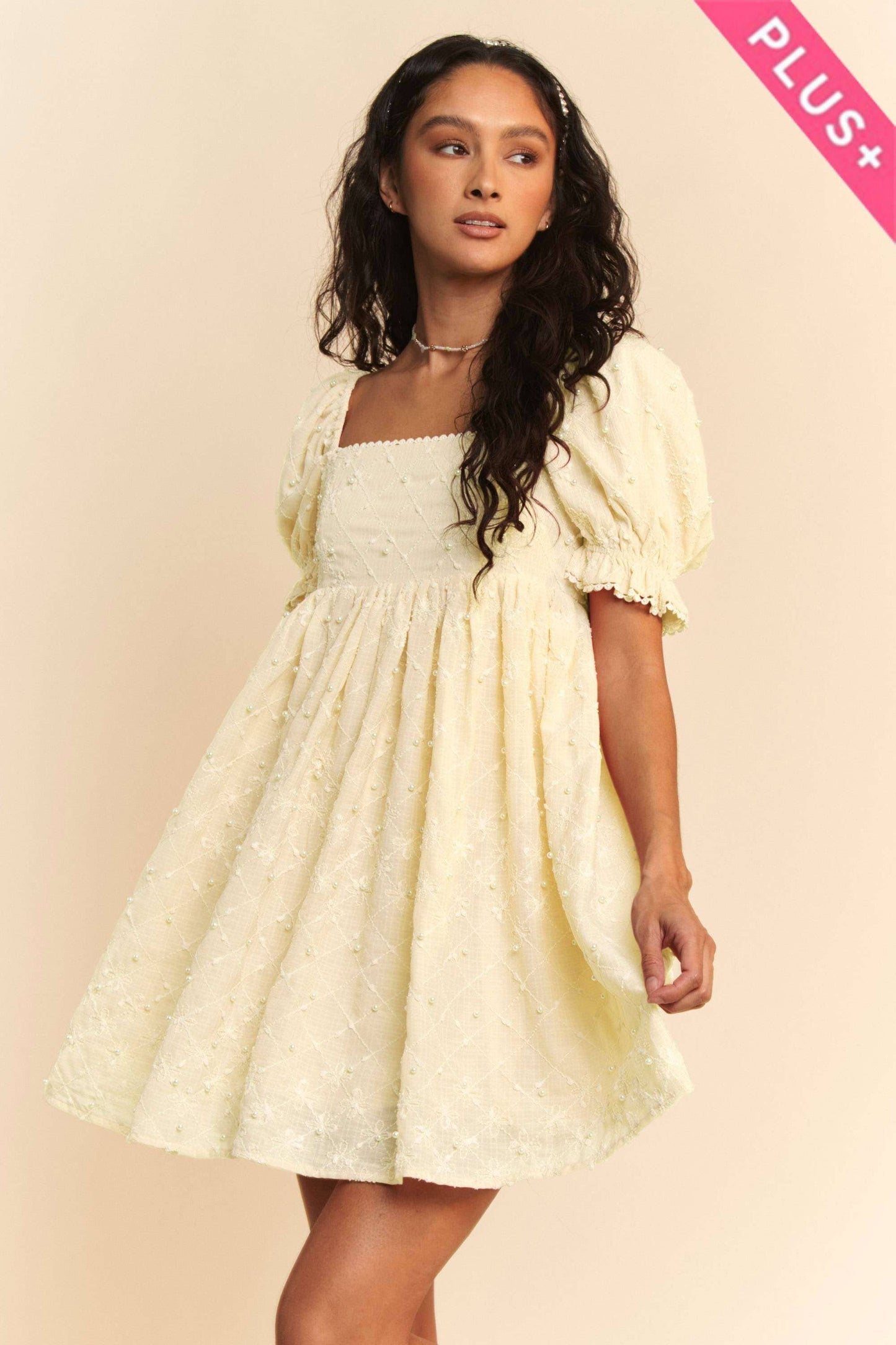 Lexi Flower Balloon Sleeve Mini Dress in Plus Size