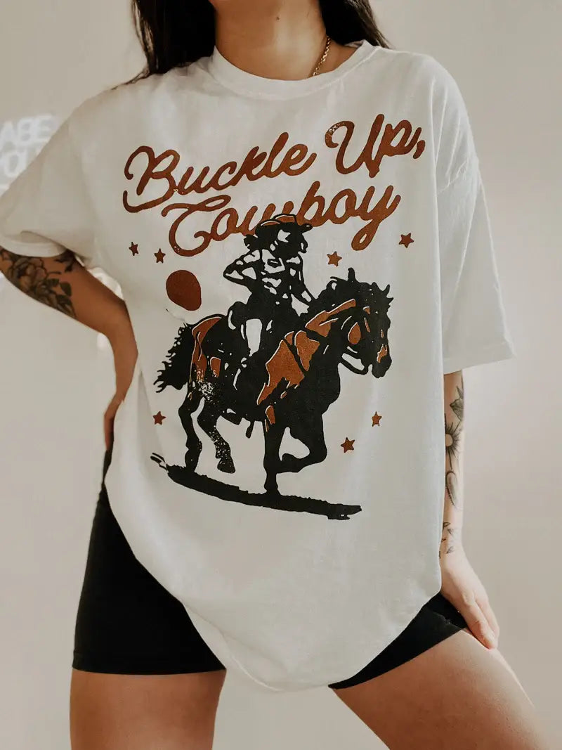 Buckle Up Cowboy Western Graphic Tee In White