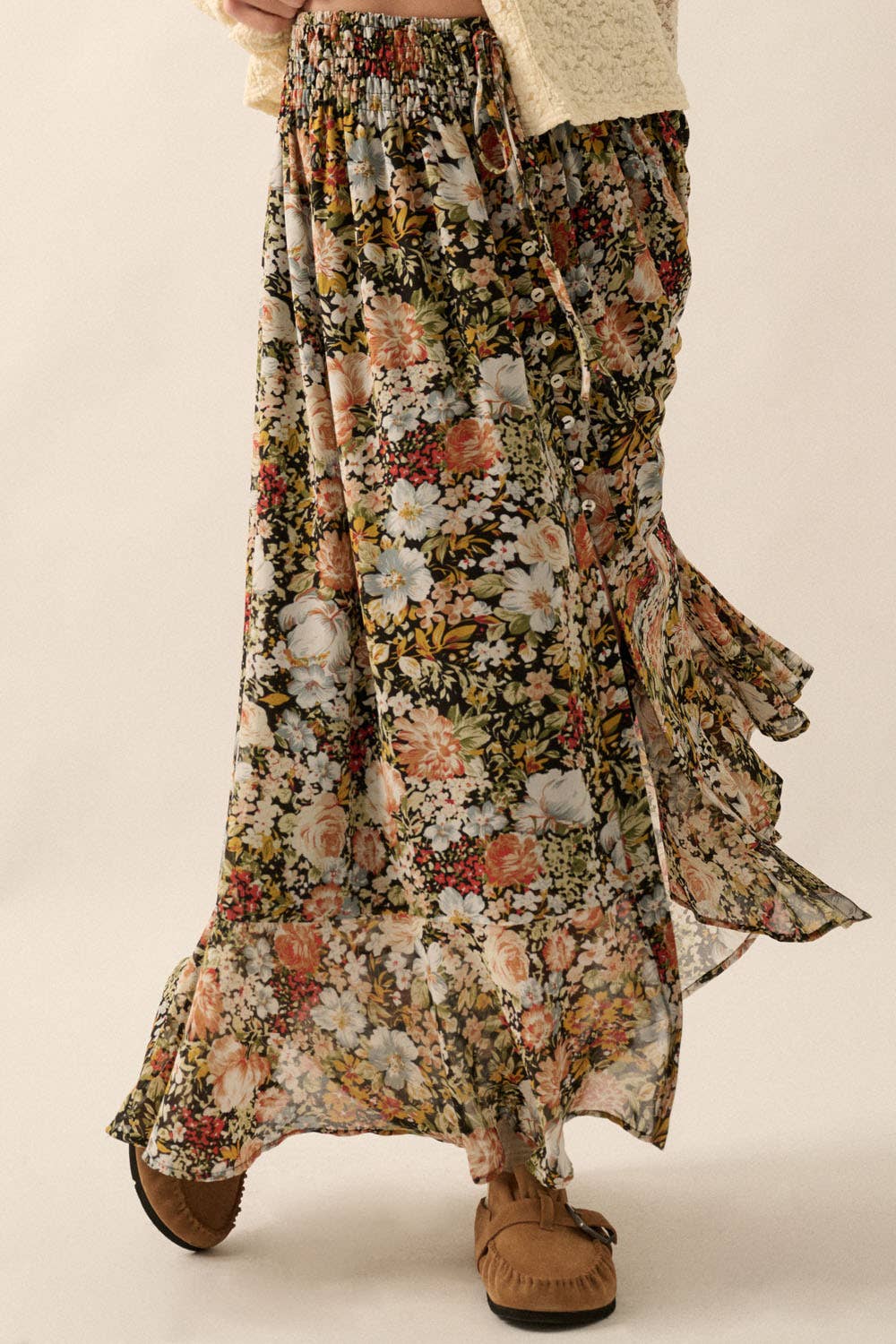 Courtney Floral Front Slit Woven Maxi Skirt in Black