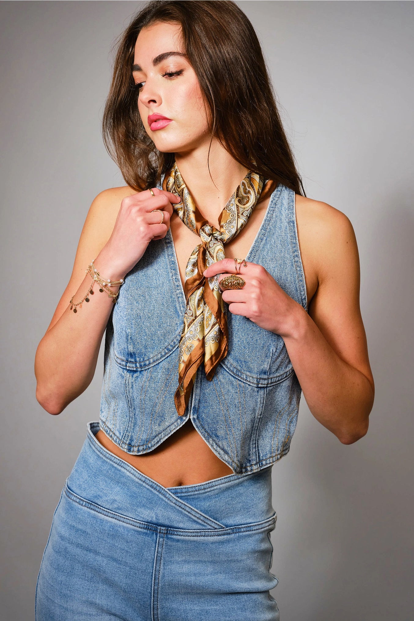 Stephanie Plunge Neck Hook Closure Bustier Crop Denim Top