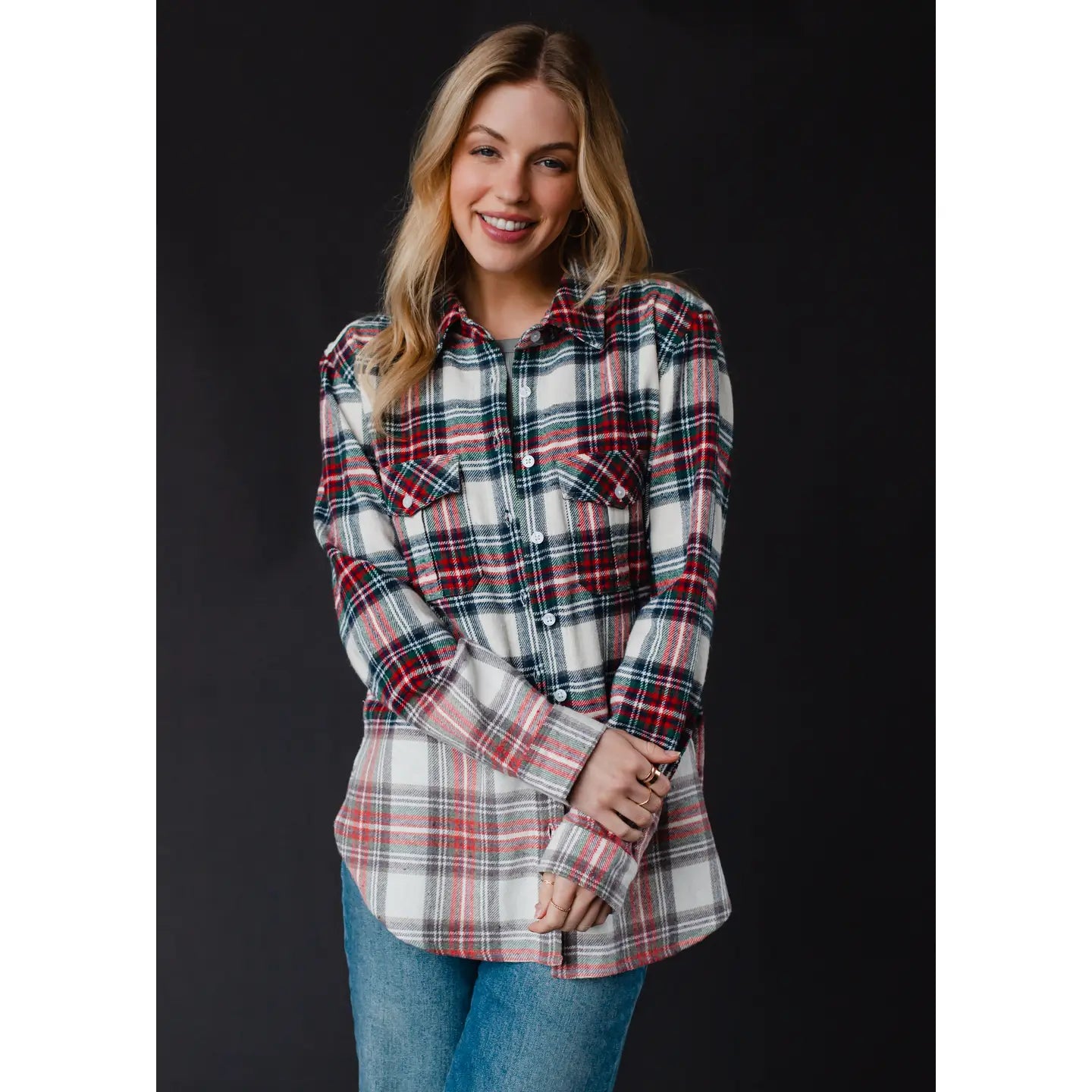Selena Cream, Navy, Red & Green Plaid Flannel