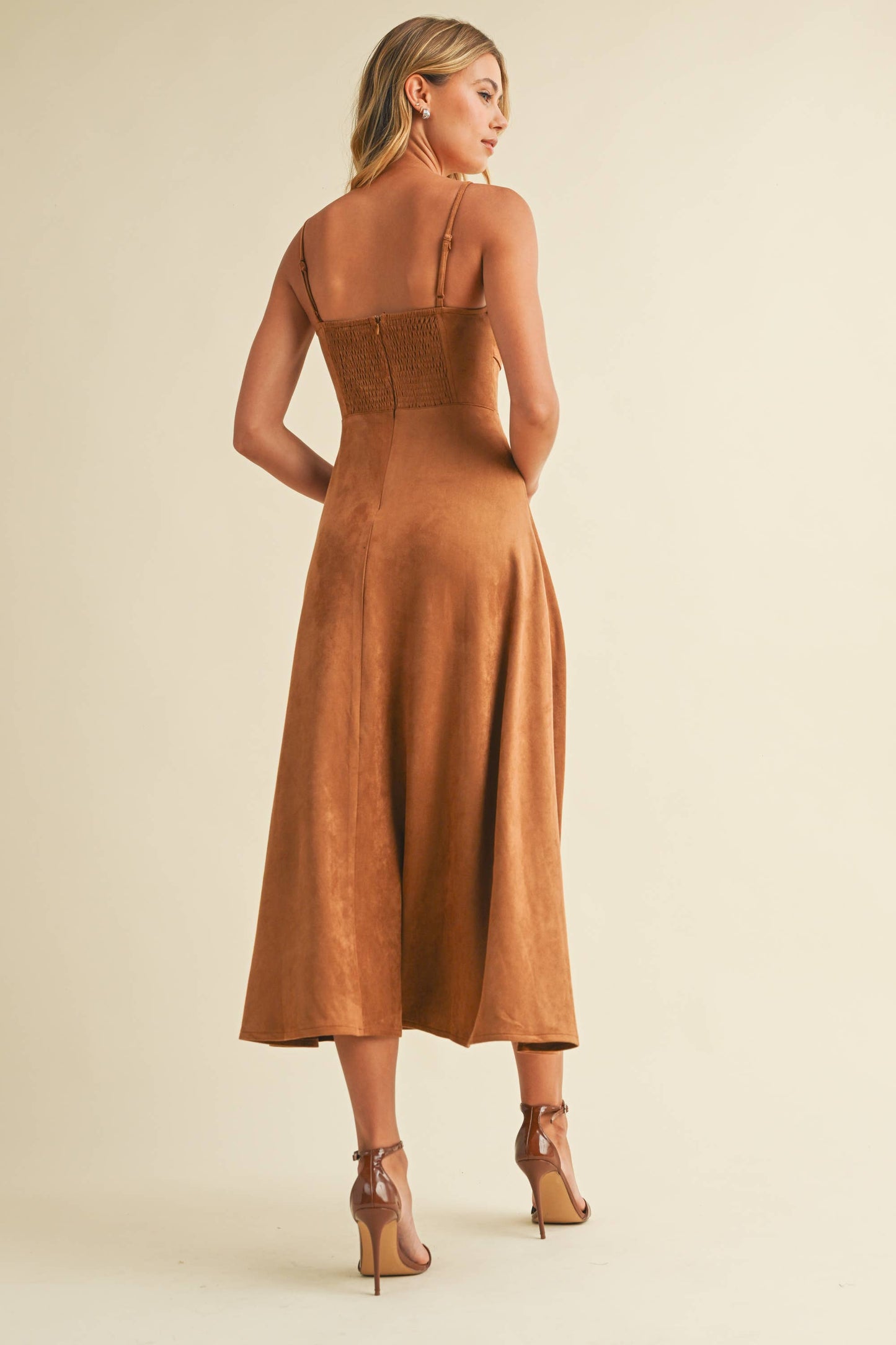 Emma Suede Corset Midi Dress in Camel