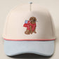 Golden Retriever Holding USA Flag Denim Brim Trucker Hat in Light Denim