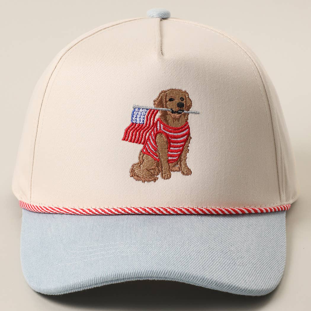 Golden Retriever Holding USA Flag Denim Brim Trucker Hat in Light Denim