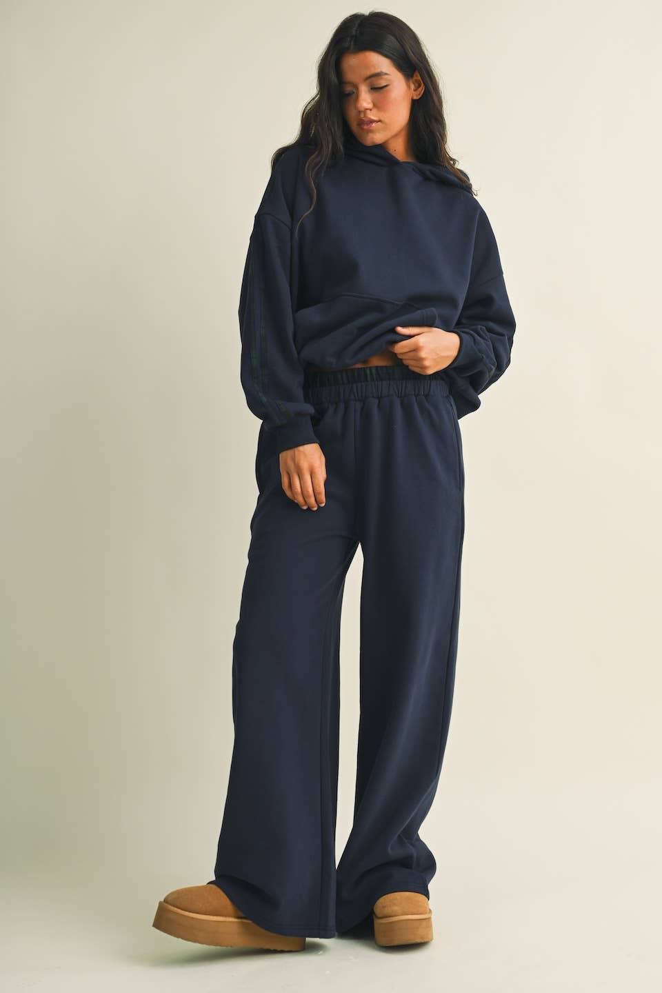 Jessica Plaid Side Stripe Oversized Pullover Hoodie in Navy