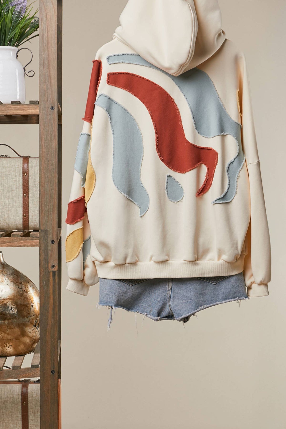 Alissa Abstract Patch Hoodie with Kangaroo Pocket in Cream