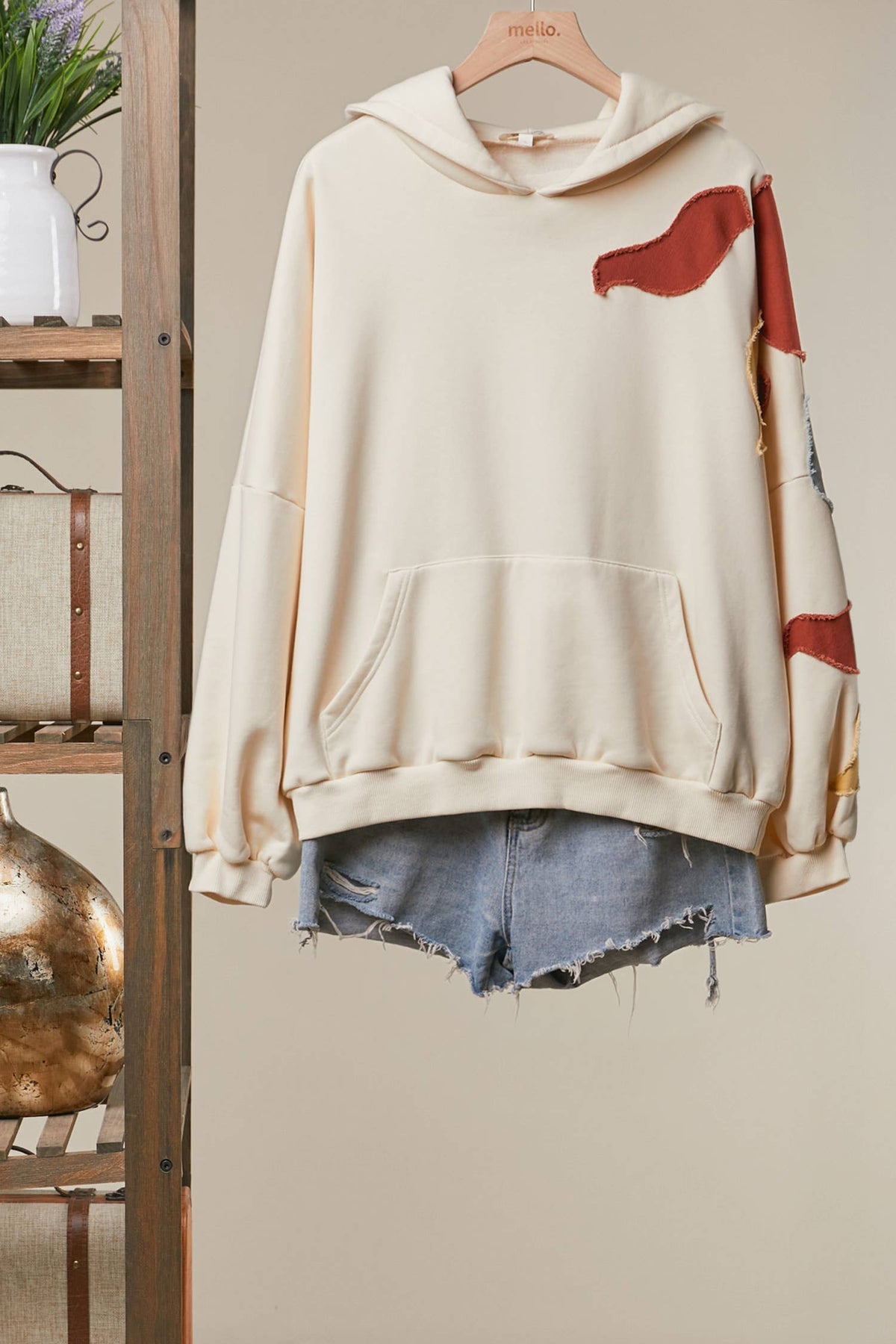Alissa Abstract Patch Hoodie with Kangaroo Pocket in Cream