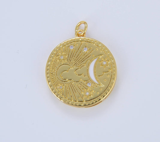 Gold Filled Round Coin Disc Sun Moon and Star Charm