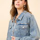 Josee Clear Crystal Crop Trucker Stretch Denim Jacket
