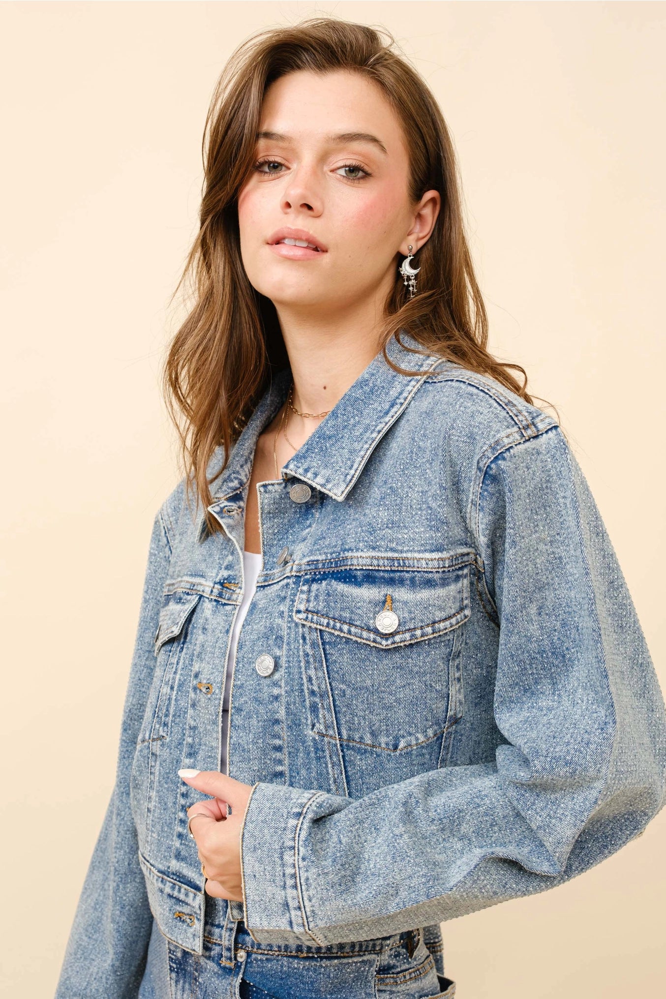 Josee Clear Crystal Crop Trucker Stretch Denim Jacket