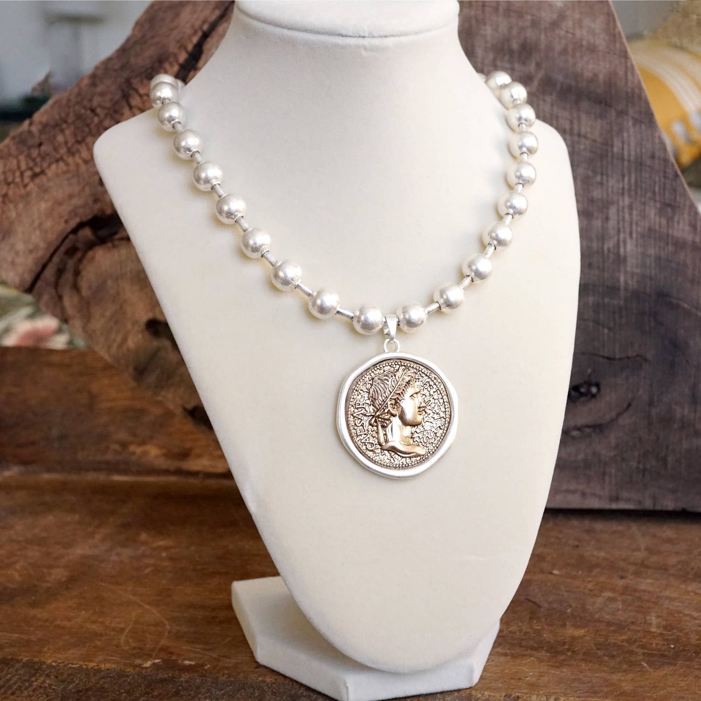Coin Chunky Ball Chain Statement Necklace in Gold Tones