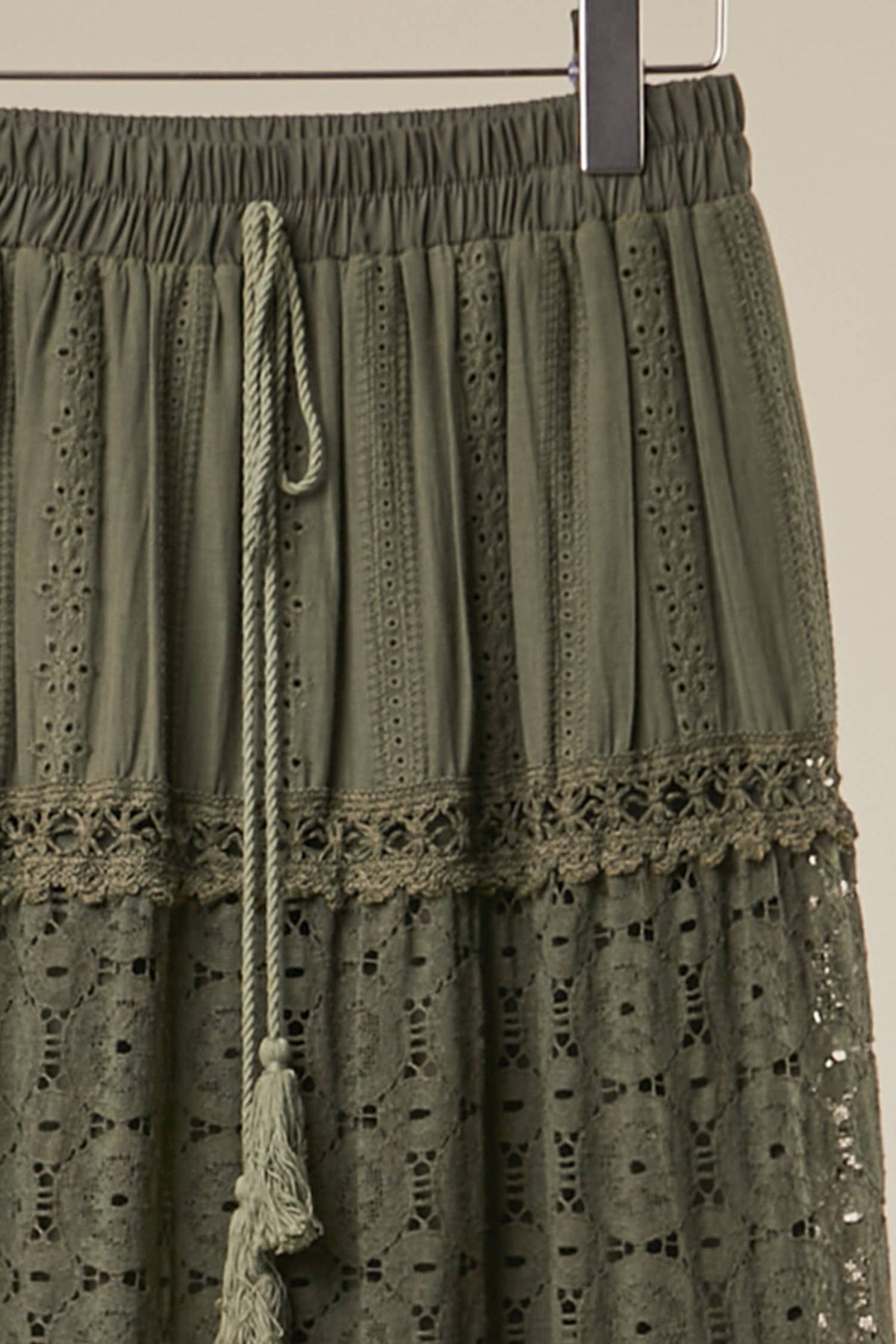 Afton Elastic Waist Maxi Skirt with Lace Trim in Olive