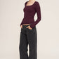 Pointelle Stripe Scoop Neck Long Sleeve in Rasin