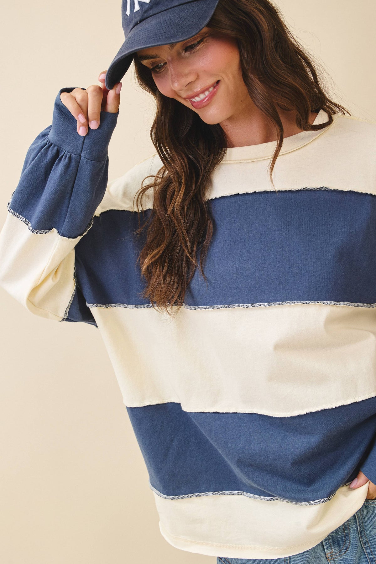 Angela Oversized Color Block Long Sleeve Pullover in Navy
