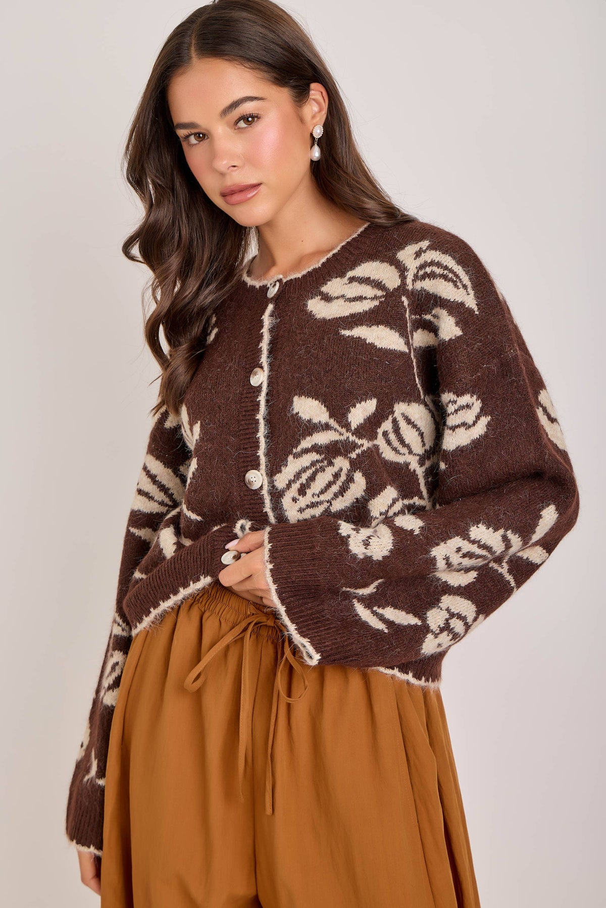 Julia Floral Patterned Cardigan in Mocha