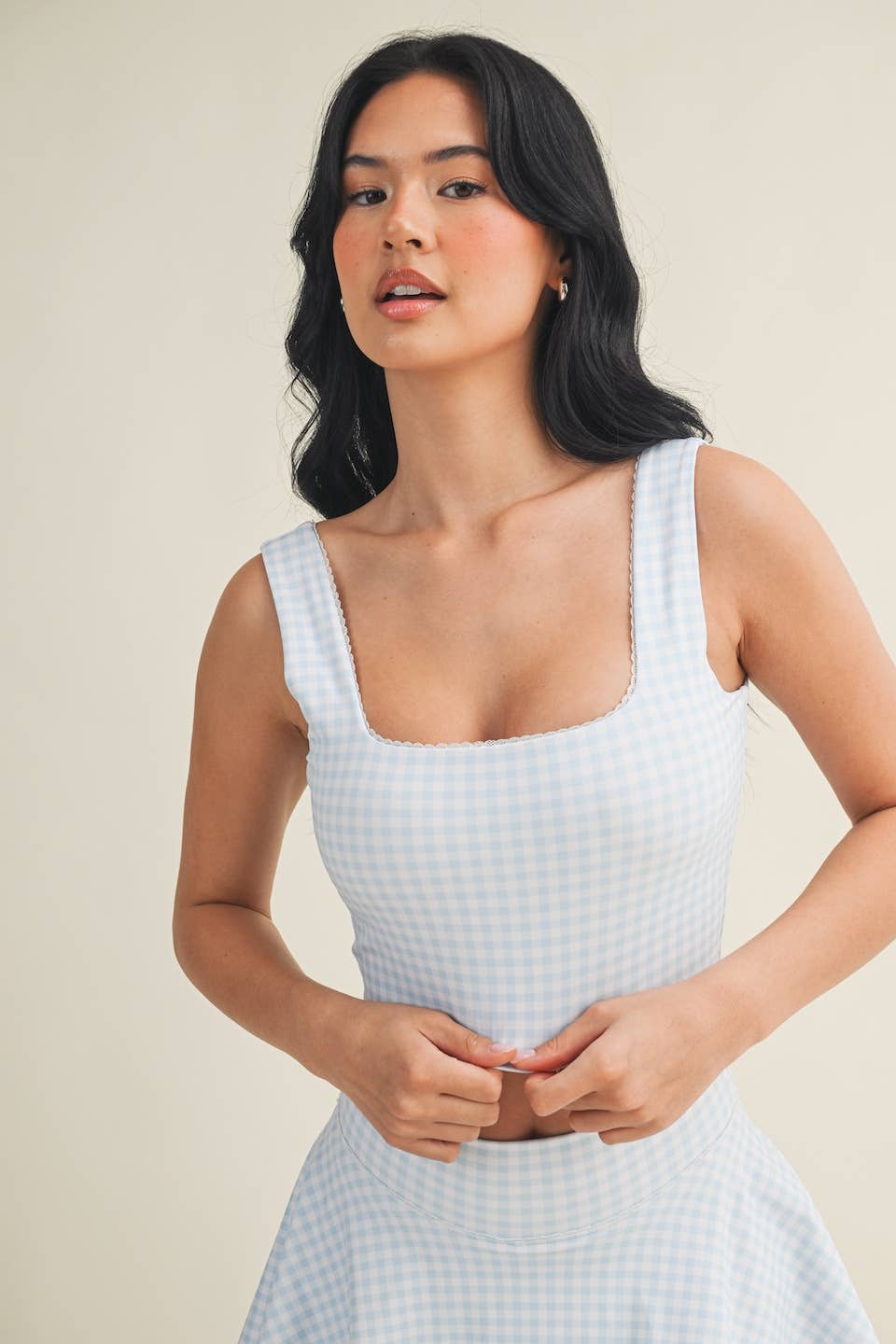 Blue Gingham Print Crop Tank with Lace Trim