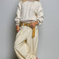 Brittany Cable Knit Crewneck Contrast Trim Sweater Top in Cream