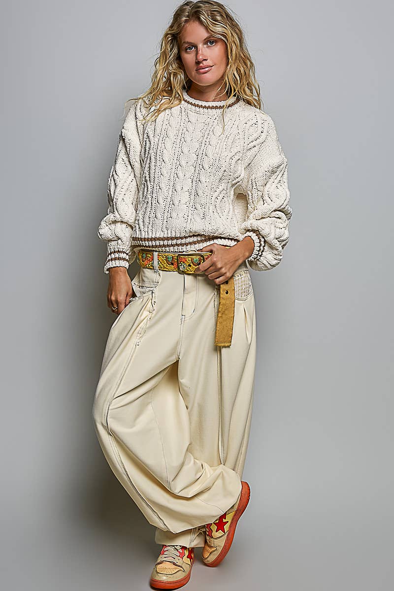 Brittany Cable Knit Crewneck Contrast Trim Sweater Top in Cream