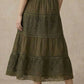 Afton Elastic Waist Maxi Skirt with Lace Trim in Olive