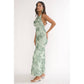Bella Cowl Neck Embroidered Maxi Dress in Aqua Green