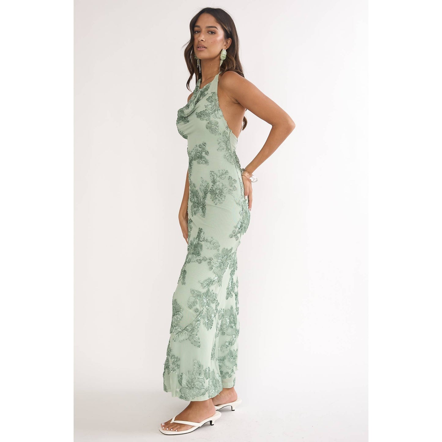 Bella Cowl Neck Embroidered Maxi Dress in Aqua Green