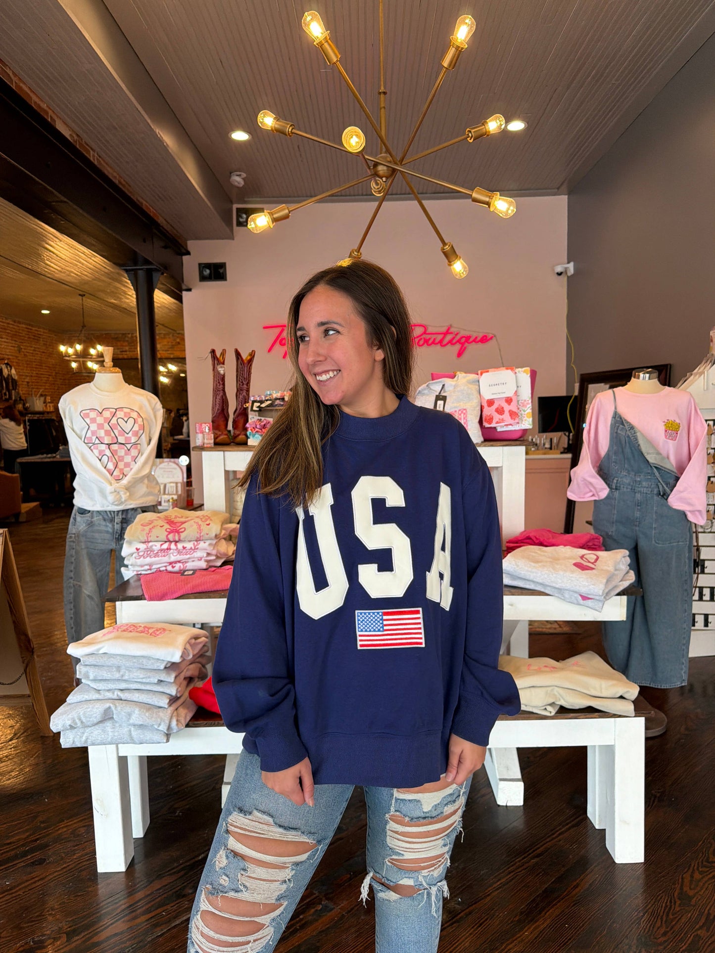 Navy USA 4th Of July Embroidered Mockneck