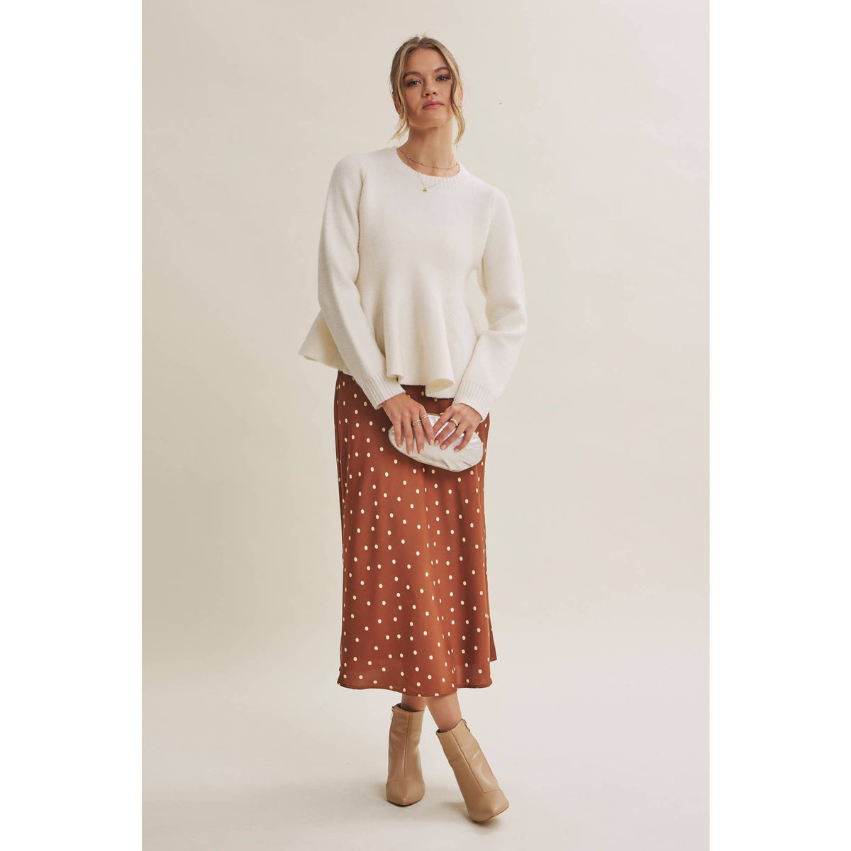 Hailey Satin Polka Dot Skirt in Burnt Orange