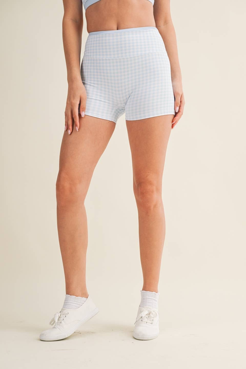 Gingham Print Contrast Binding Biker Shorts in Blue Gingham