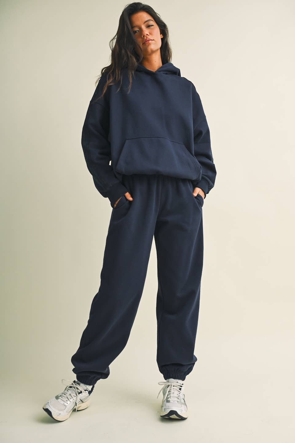 Jessica Plaid Side Stripe Oversized Pullover Hoodie in Navy