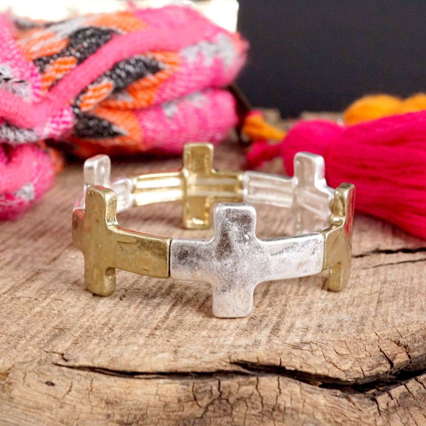 Hammered Sideways Cross Bracelet