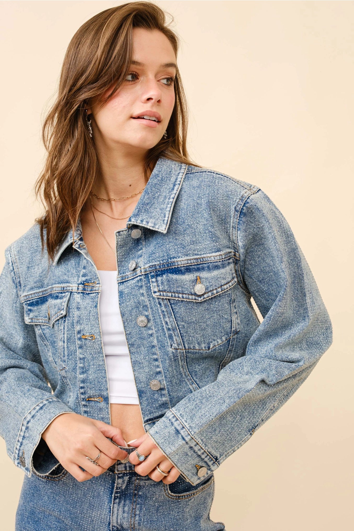 Josee Clear Crystal Crop Trucker Stretch Denim Jacket