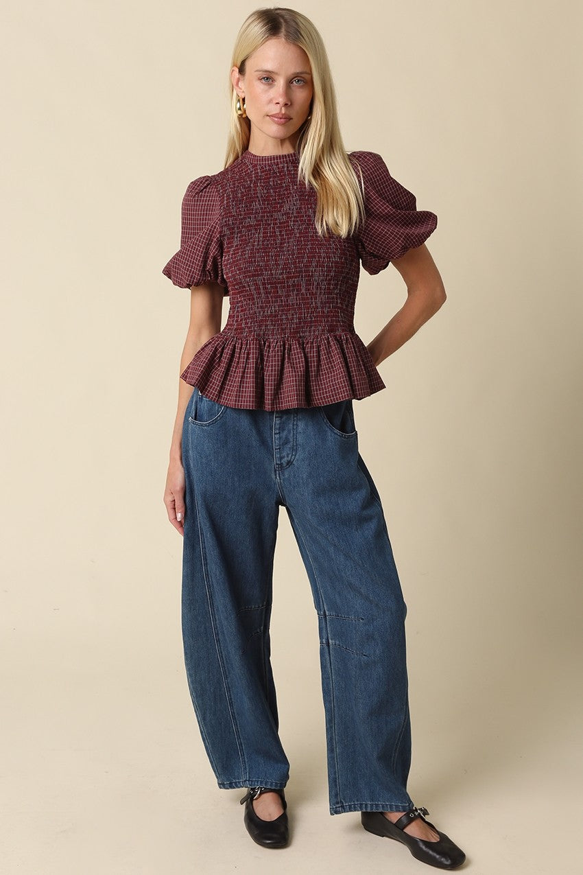 Maggie Plaid Peplum Top in Maroon