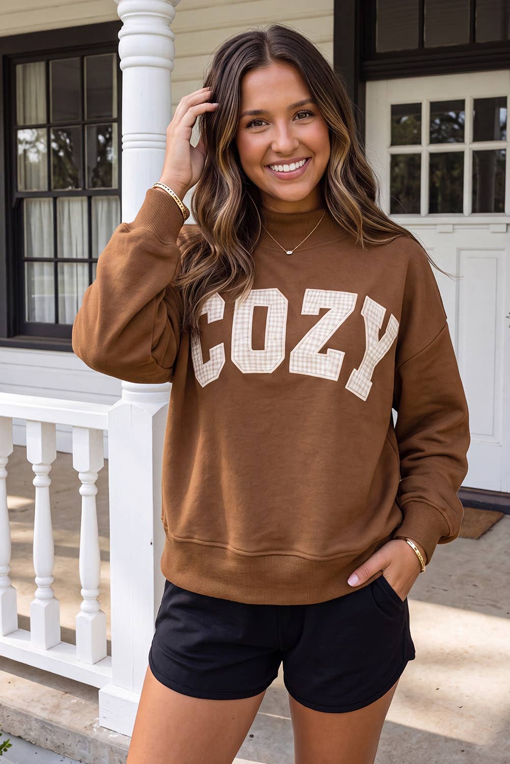 Cozy Plaid Letter Patchwork Mock Neck Sweatshirt