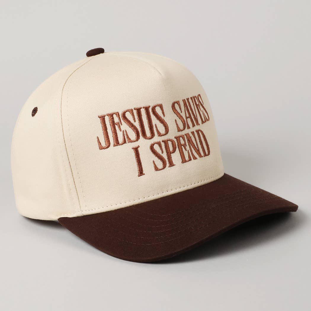 JESUS SAVES I SPEND Trucker Hat in Brown