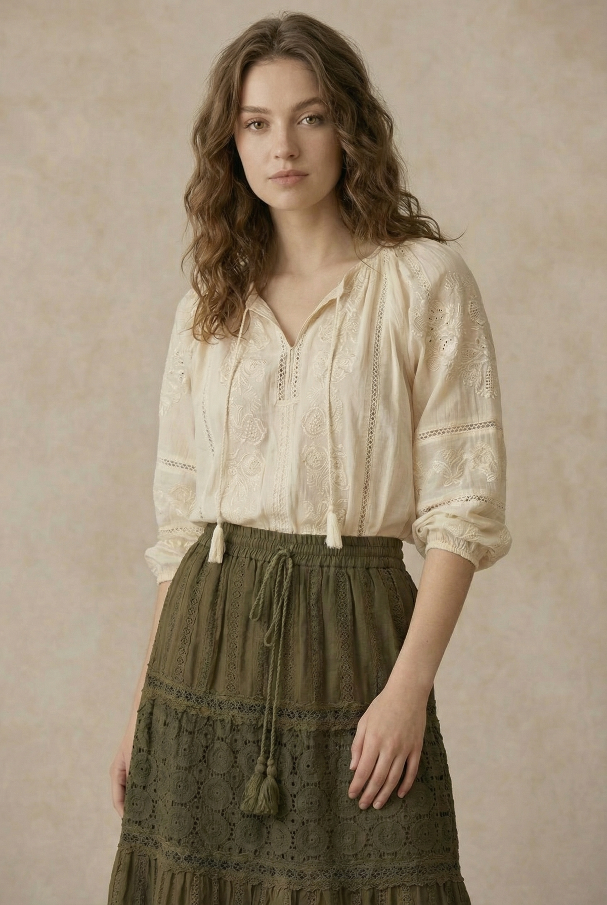 Afton Elastic Waist Maxi Skirt with Lace Trim in Olive