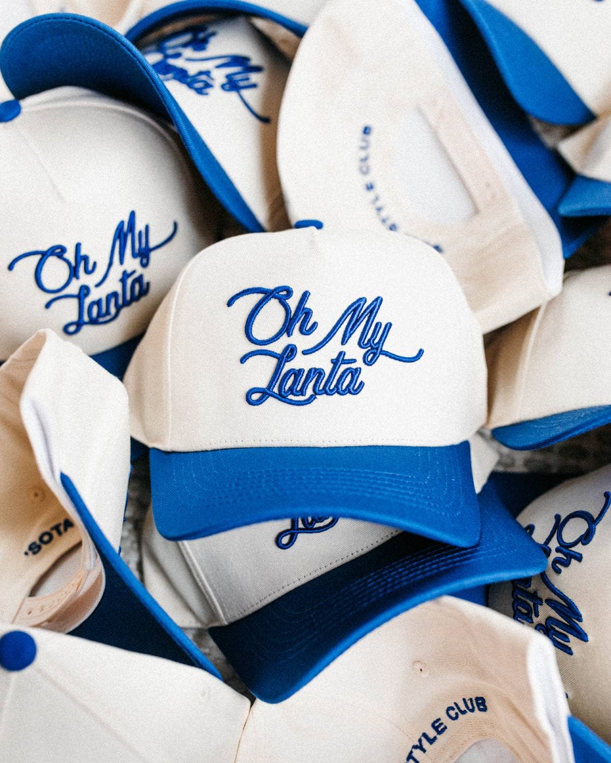 Oh My Lanta Embroidered Trucker Hat - Blue & Cream